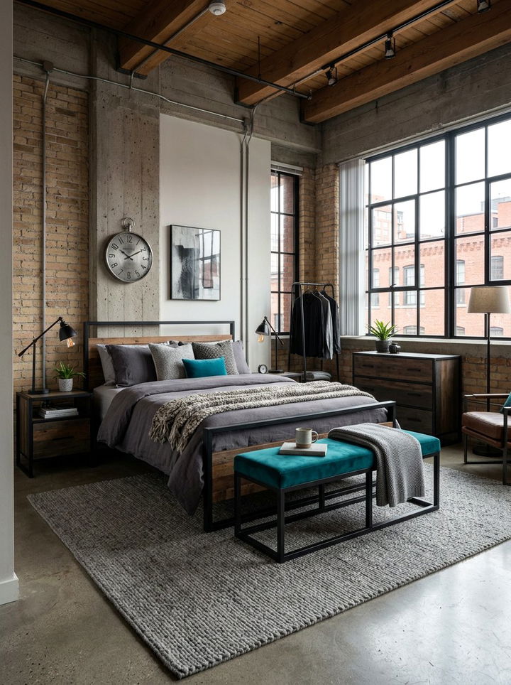 Teal bench industrial bedroom - 30 industrial teal bedroom ideas