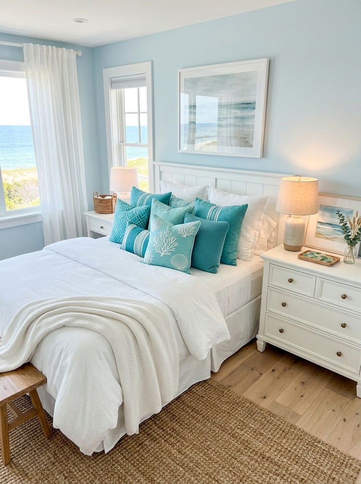 Teal coastal bedroom throw pillows - 30 coastal teal bedroom ideas