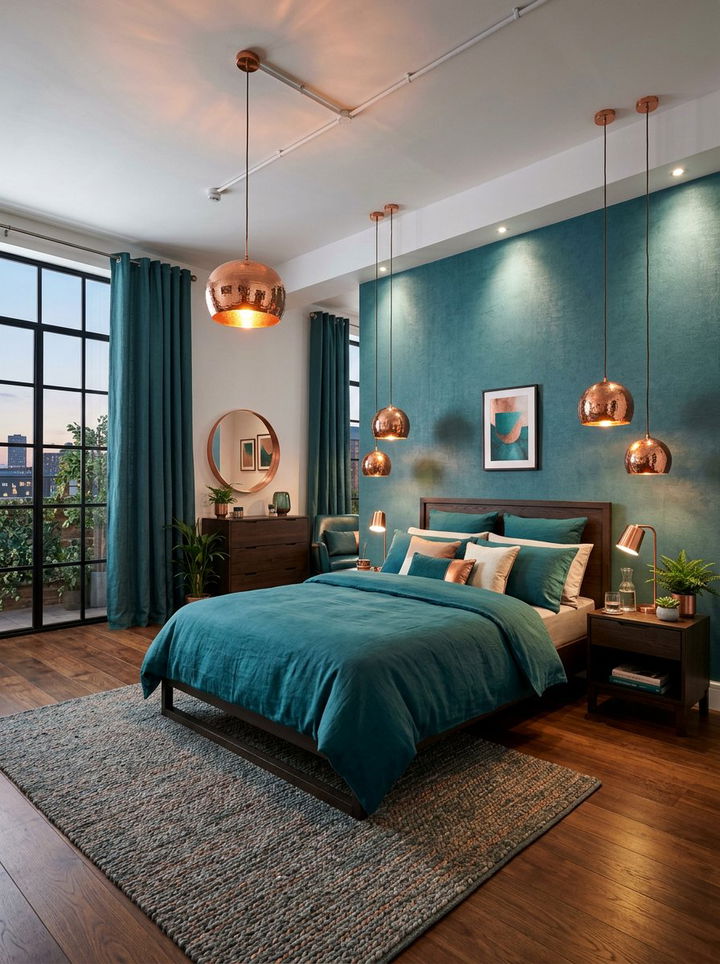 Teal copper lighting - 30 modern teal bedroom ideas
