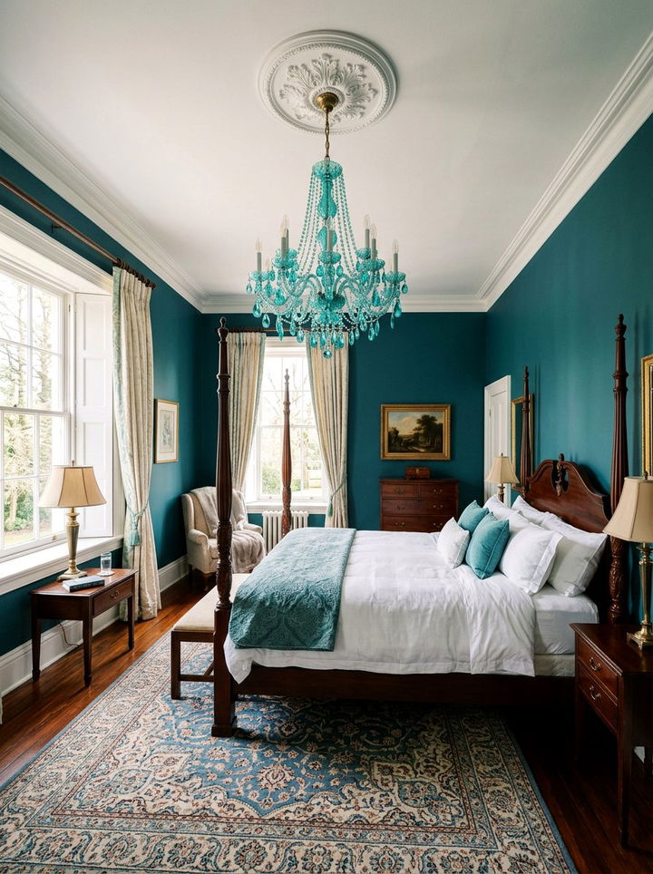 Teal crystal chandelier - 30 traditional teal bedroom ideas