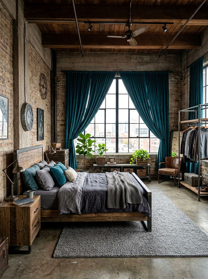 Teal curtains industrial bedroom - 30 industrial teal bedroom ideas
