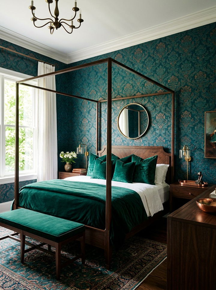 Teal damask wallpaper - 30 bedroom damask wallpapers