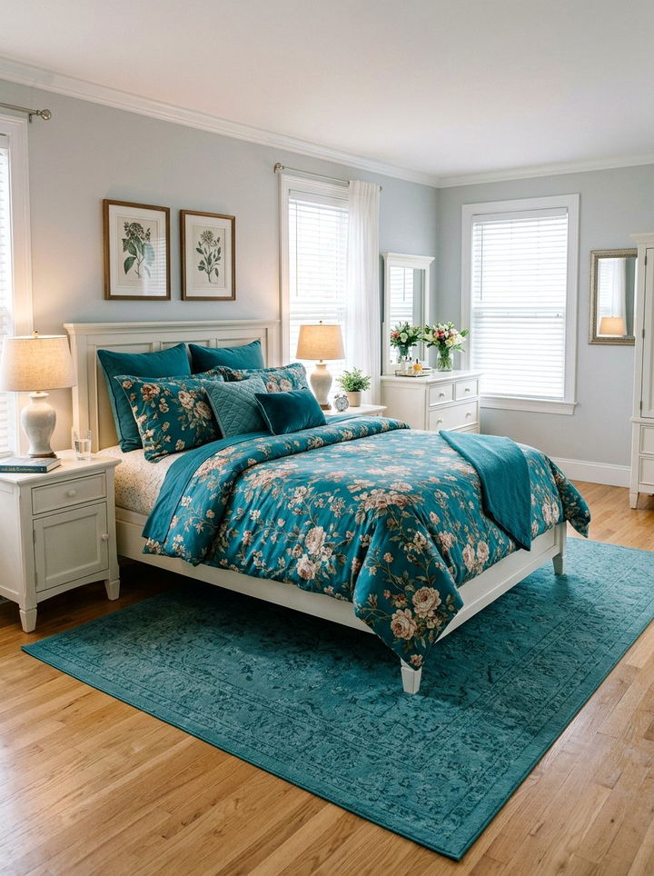 Teal floral bedding set - 30 traditional teal bedroom ideas