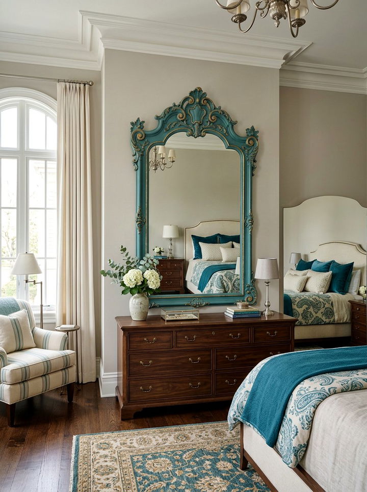 Teal framed mirror - 30 traditional teal bedroom ideas