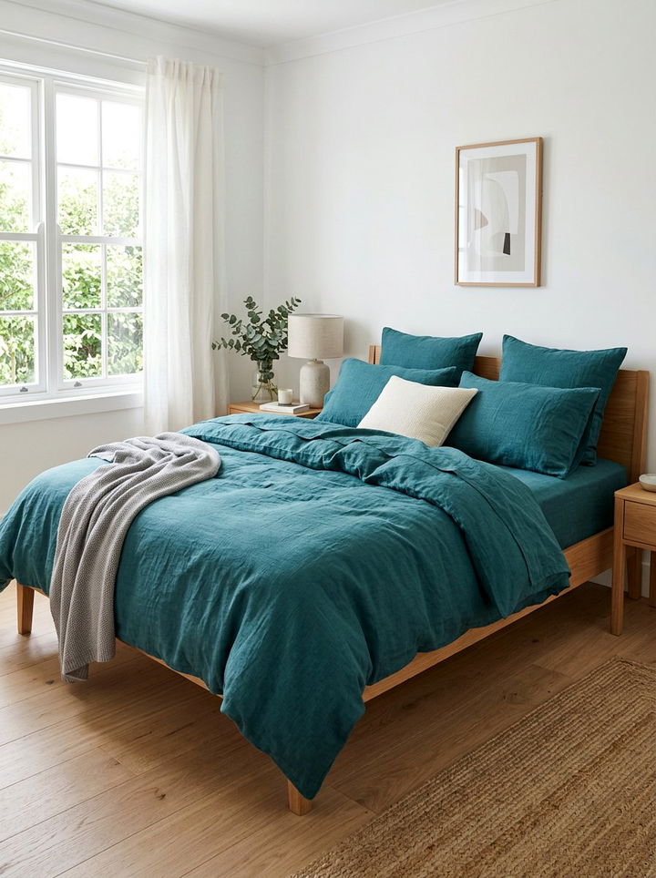 Teal linen bedding - 30 minimalist teal bedroom ideas