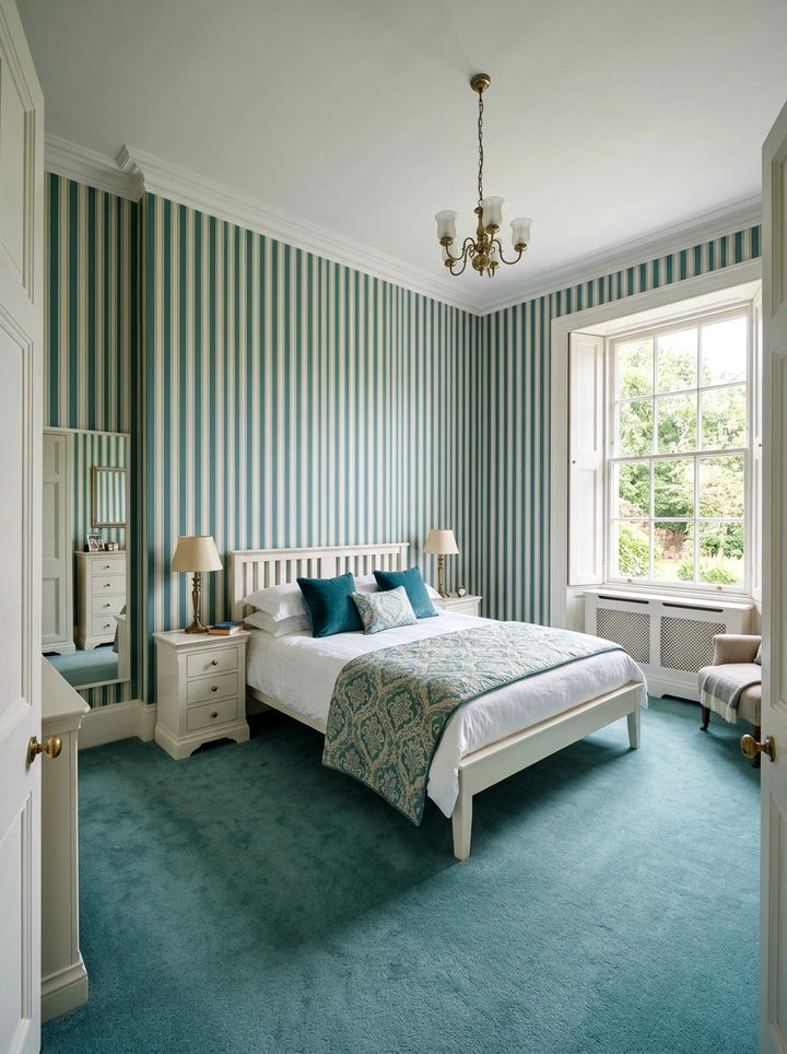 Teal striped wallpaper - 30 traditional teal bedroom ideas