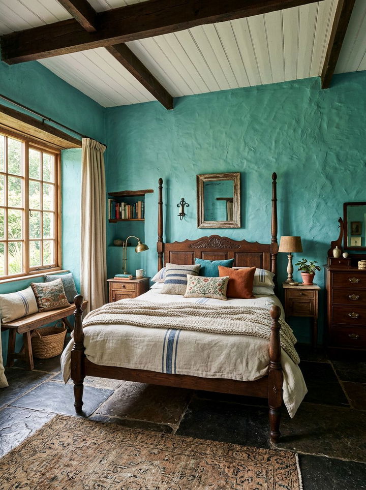 Teal textured wall rustic bedroom - 30 rustic teal bedroom ideas