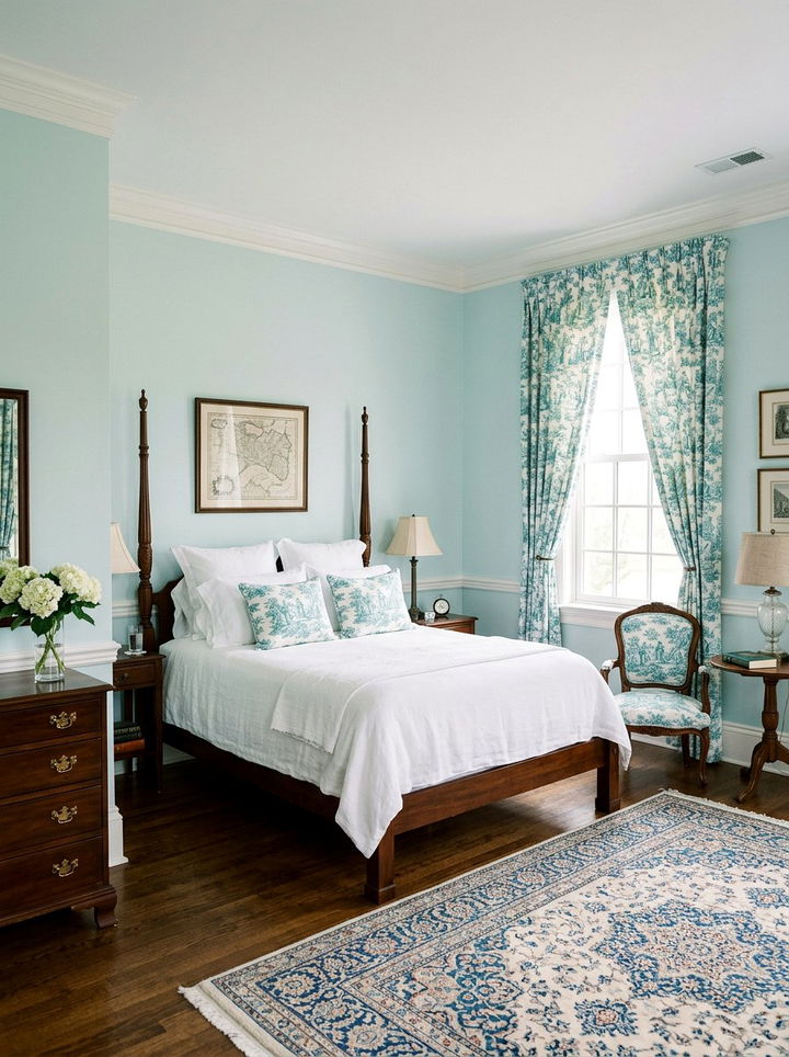 Teal toile fabric - 30 traditional teal bedroom ideas
