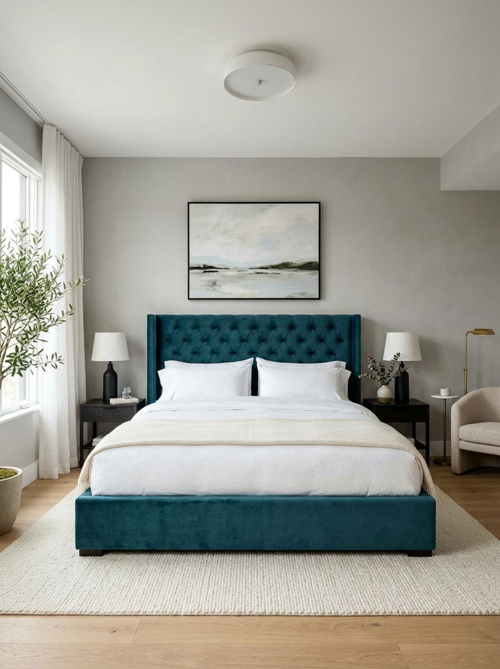 Teal velvet bed - 30 minimalist teal bedroom ideas