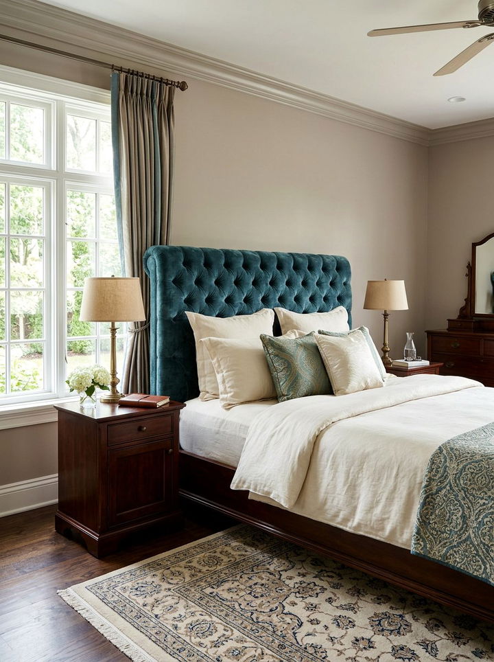 Teal velvet headboard - 30 traditional teal bedroom ideas