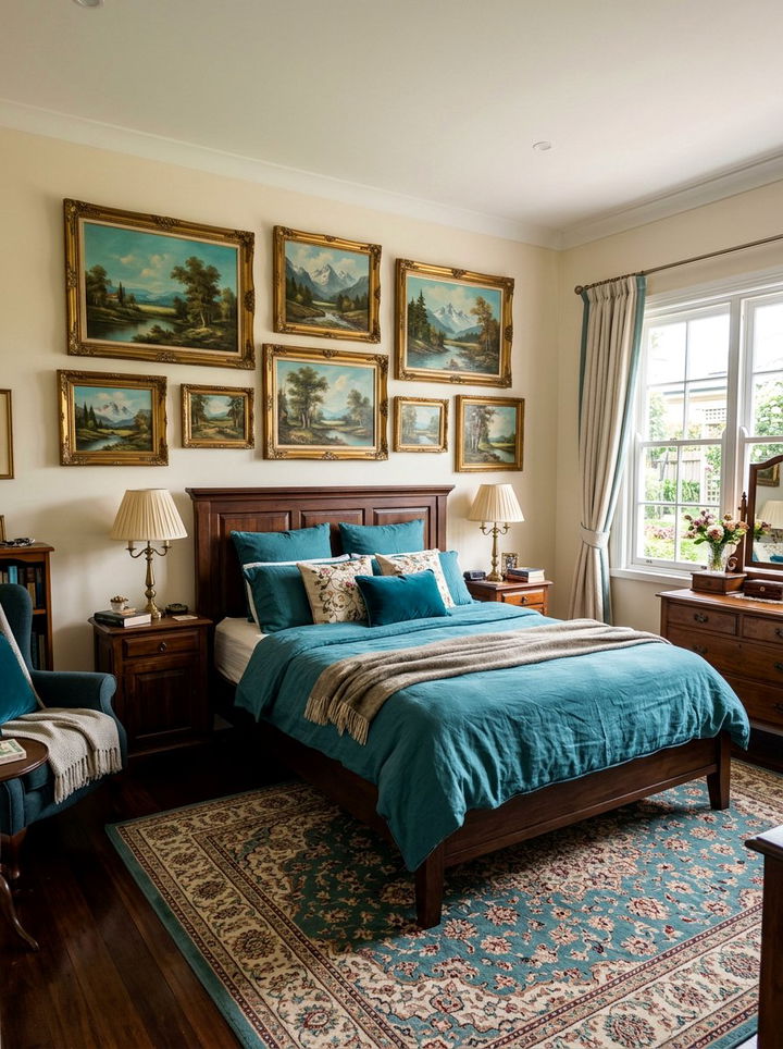 Teal vintage landscape art - 30 traditional teal bedroom ideas