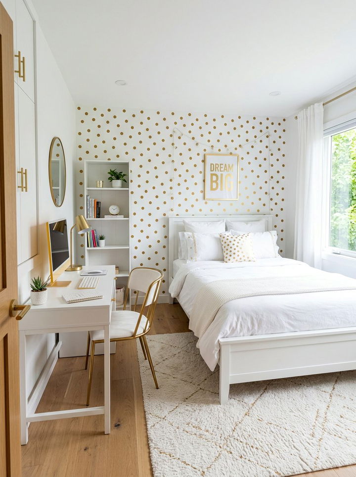 Teen white bedroom with gold polka dots - 30 gold and white bedroom ideas