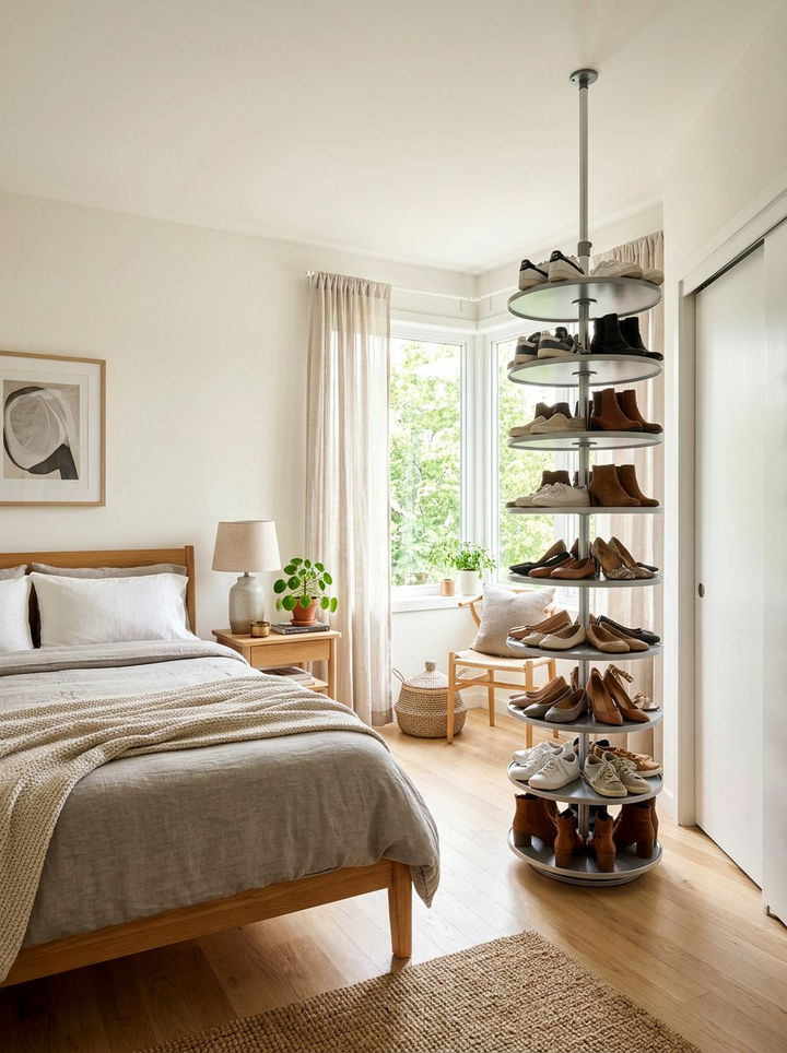 Tension Pole Shoe Rack - 30 bedroom shoe storage ideas