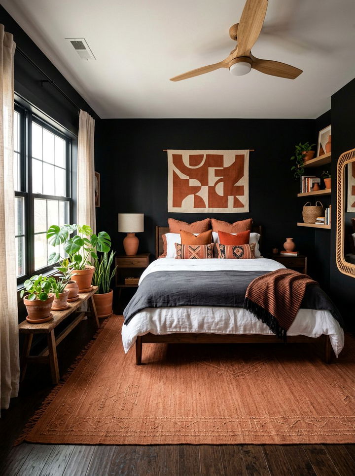 Terracotta Accent Black Boho Bedroom - 30 bohemian black bedroom ideas