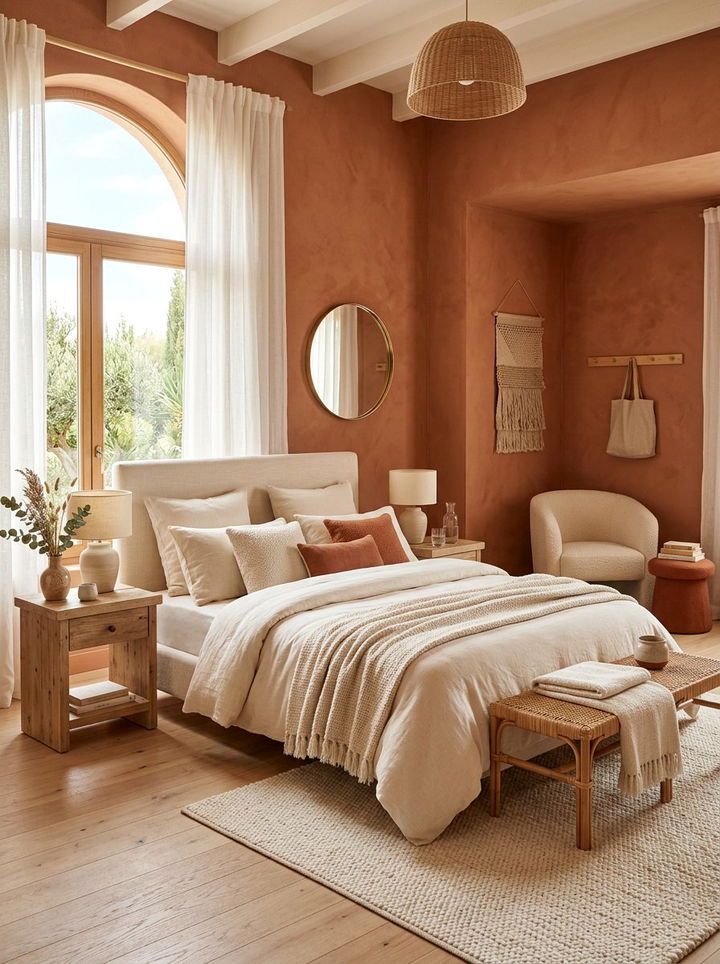 Terracotta and cream bedroom - 30 bedroom terracotta walls