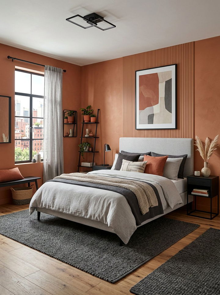 Terracotta and grey bedroom palette - 30 bedroom terracotta walls