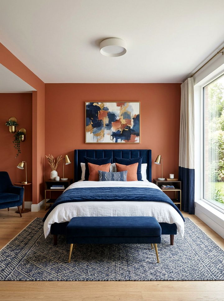 Terracotta and navy blue bedroom - 30 bedroom terracotta walls