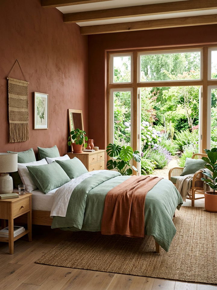 Terracotta and sage green bedroom - 30 bedroom terracotta walls