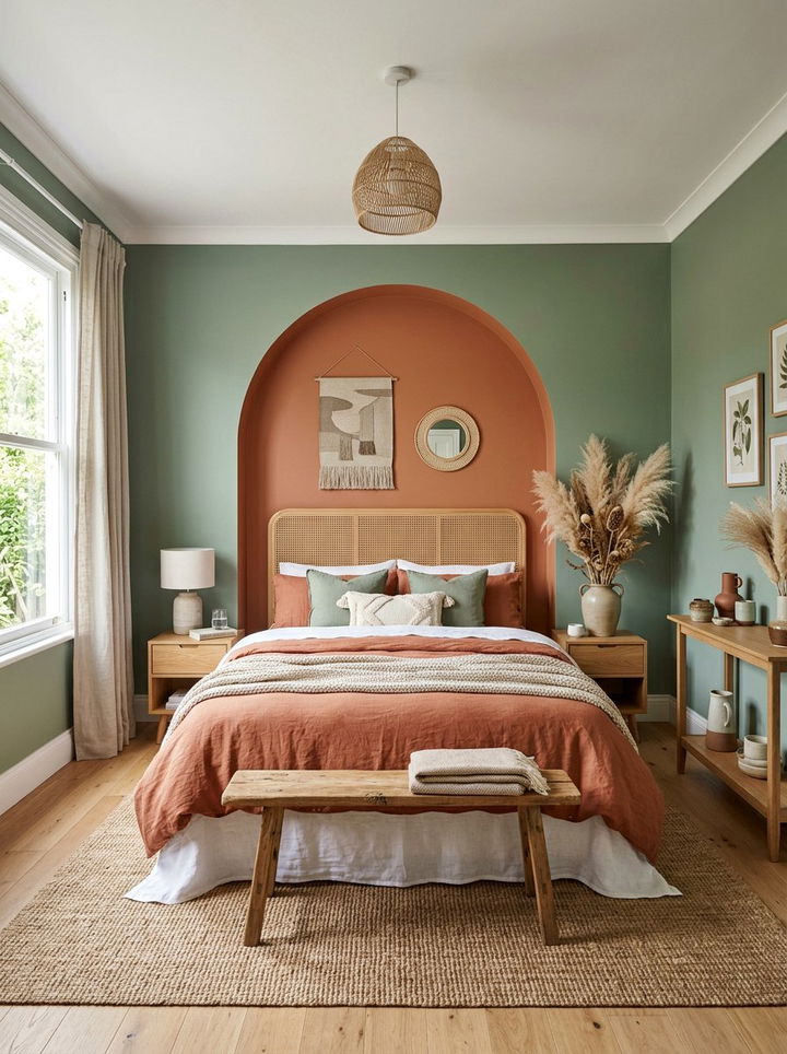 Terracotta and sage green bedroom - 30 bedroom color blocking ideas