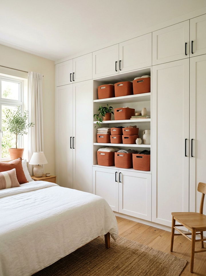 Terracotta and white bedroom storage - 30 terracotta and white bedroom ideas
