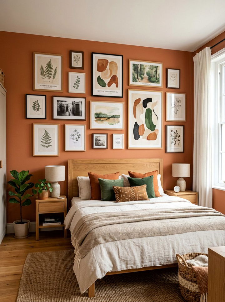 Terracotta bedroom gallery wall - 30 bedroom terracotta walls