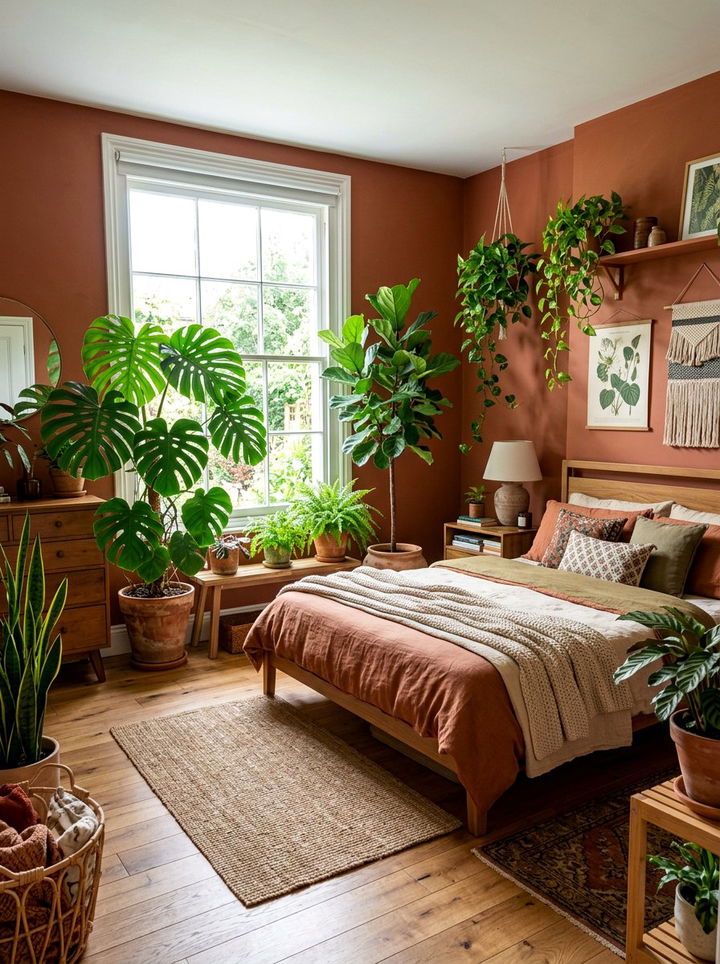 Terracotta bedroom with plants - 30 bedroom terracotta walls