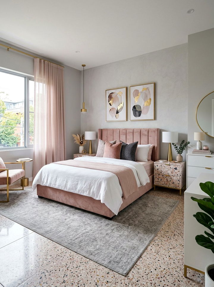 Terrazzo and Velvet Bedroom - 30 mixed material bedroom ideas