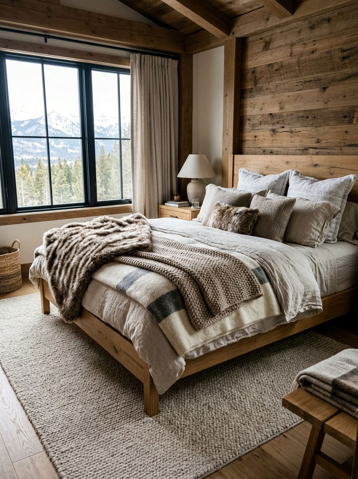 Textural Layered Bedding Mountain Bedroom - 30 mountain house bedroom ideas