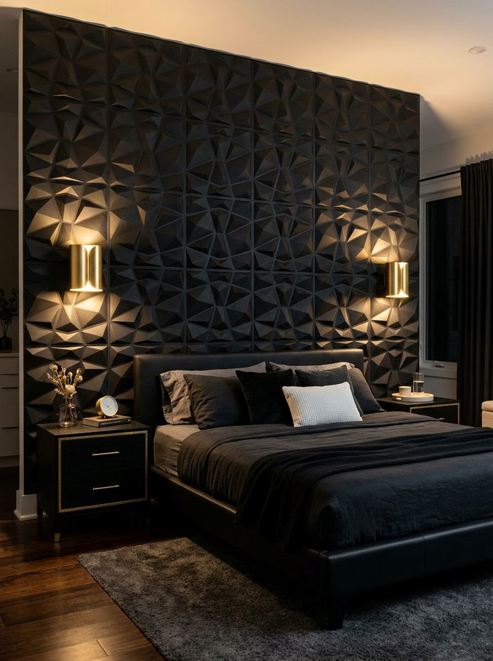 Textured Black Wall Gold Sconces - 30 black and gold bedroom ideas