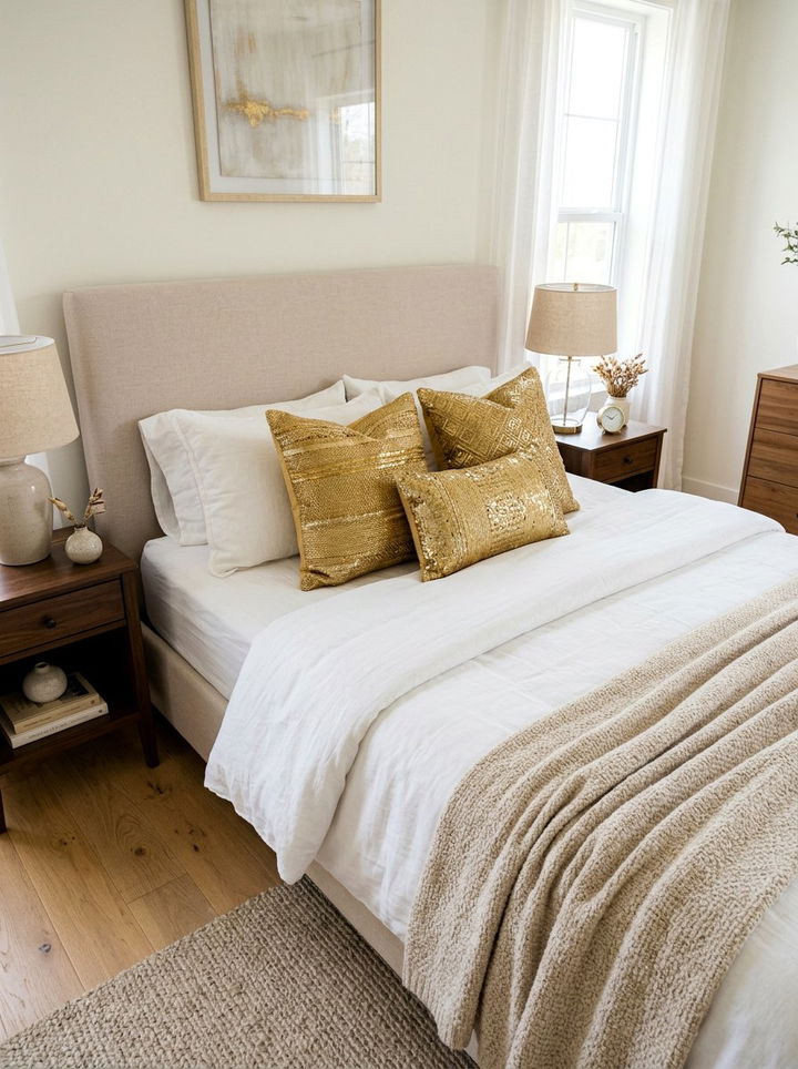 Textured gold throw pillows - 30 gold bedroom ideas