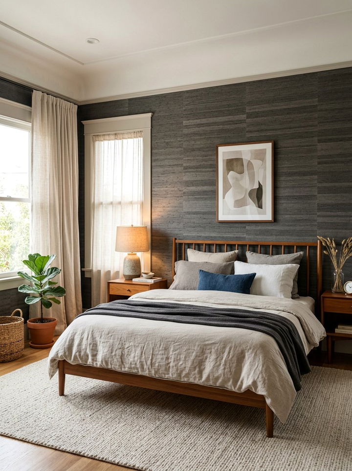 Textured grasscloth stripe - 30 bedroom striped wallpapers