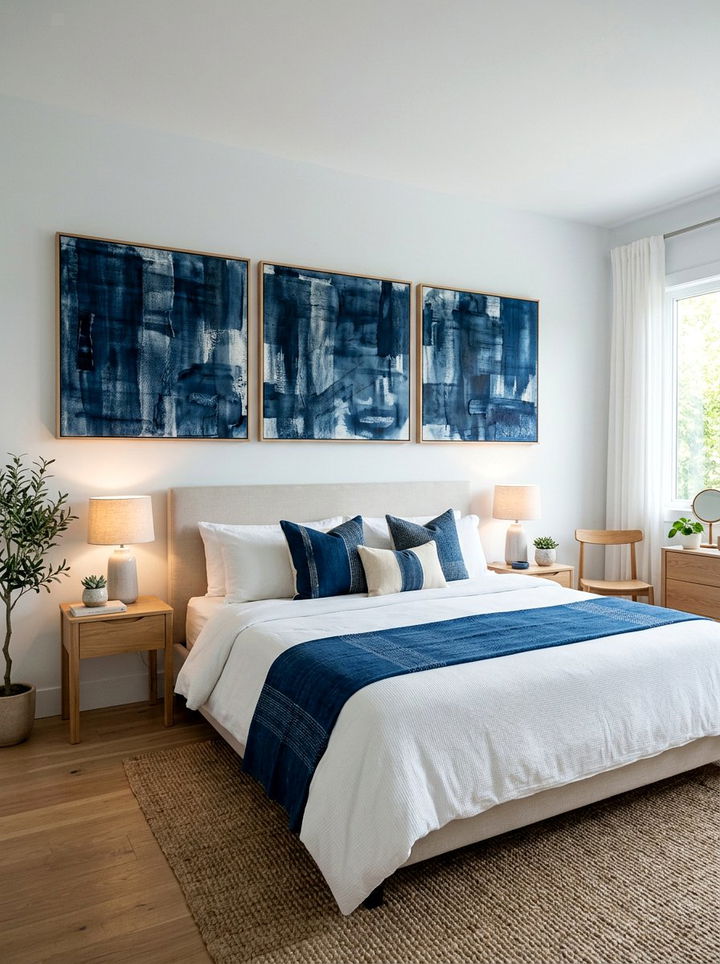 Textured indigo wall art - 30 indigo and white bedroom ideas