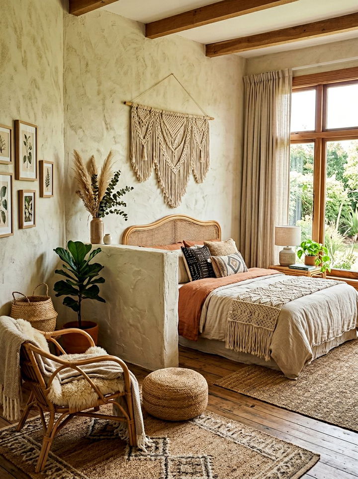 Textured plaster pony wall for boho bedroom - 30 bedroom pony wall ideas