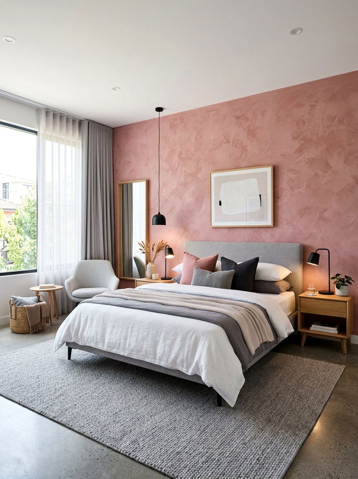Textured rose pink accent wall - 30 rose pink bedroom ideas