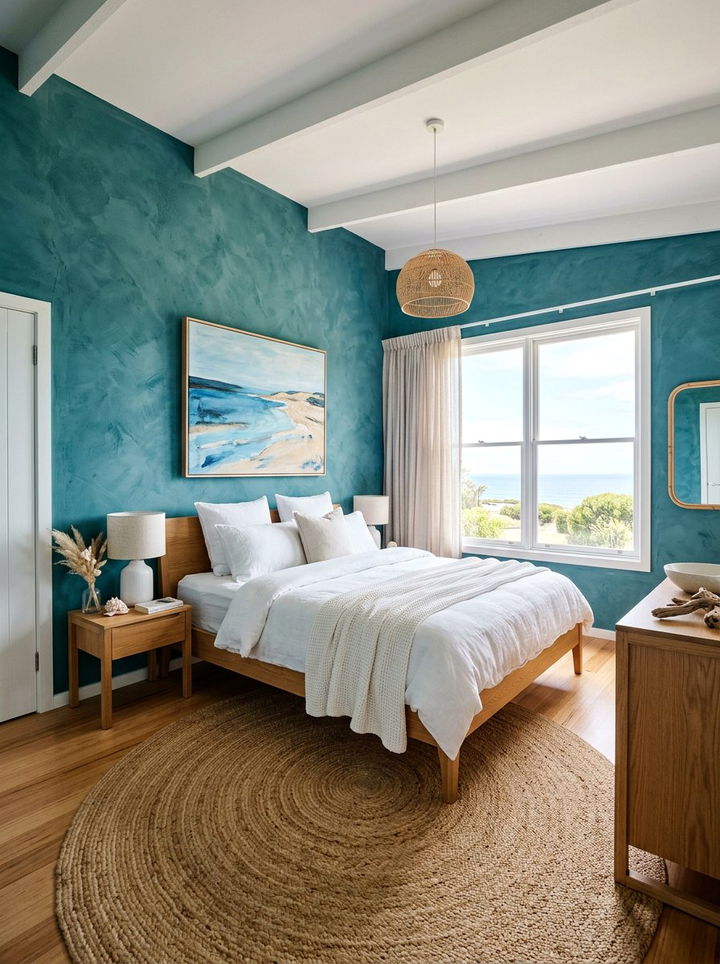 Textured teal coastal bedroom walls - 30 coastal teal bedroom ideas