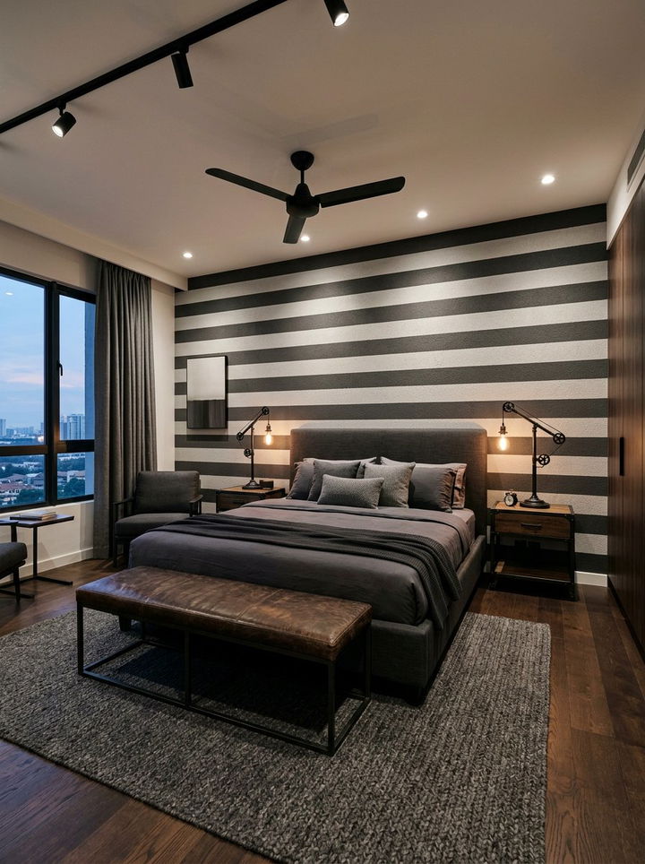 Thick charcoal and light gray stripes - 30 bedroom striped wall ideas