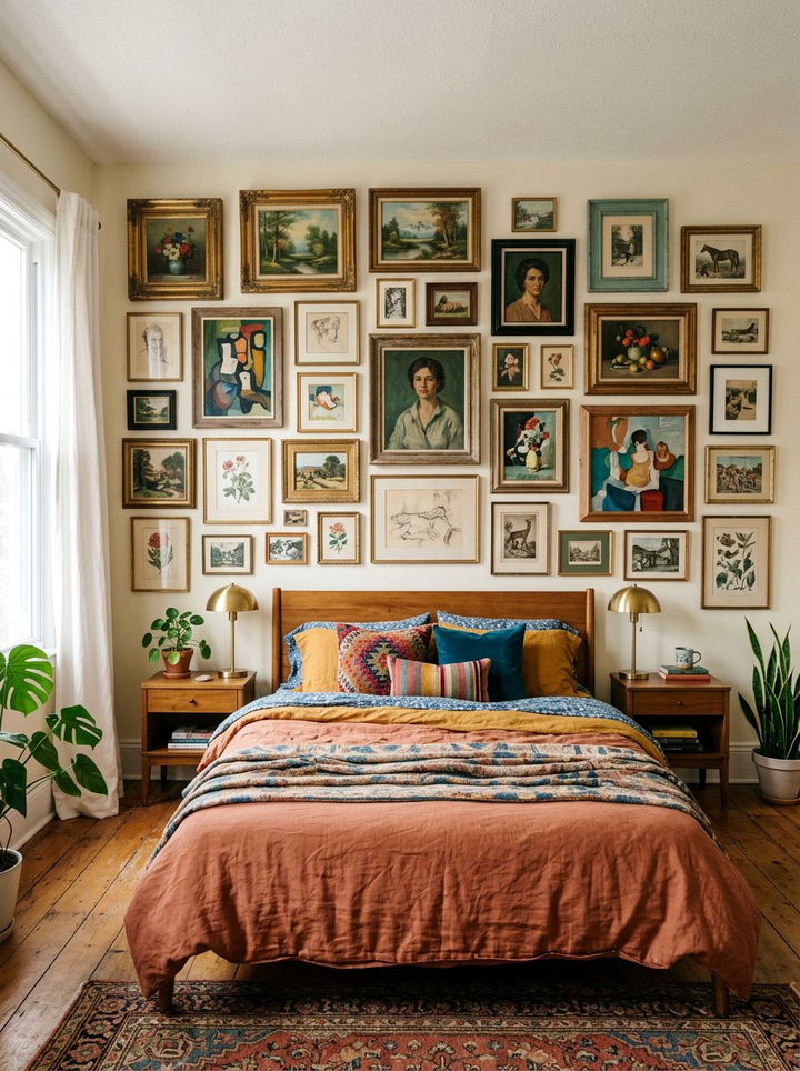 Thrifted Art Gallery Wall - 30 secondhand bedroom ideas
