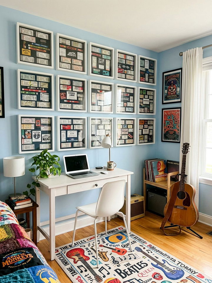 Ticket stub shadow box wall - 30 bedroom memory wall ideas