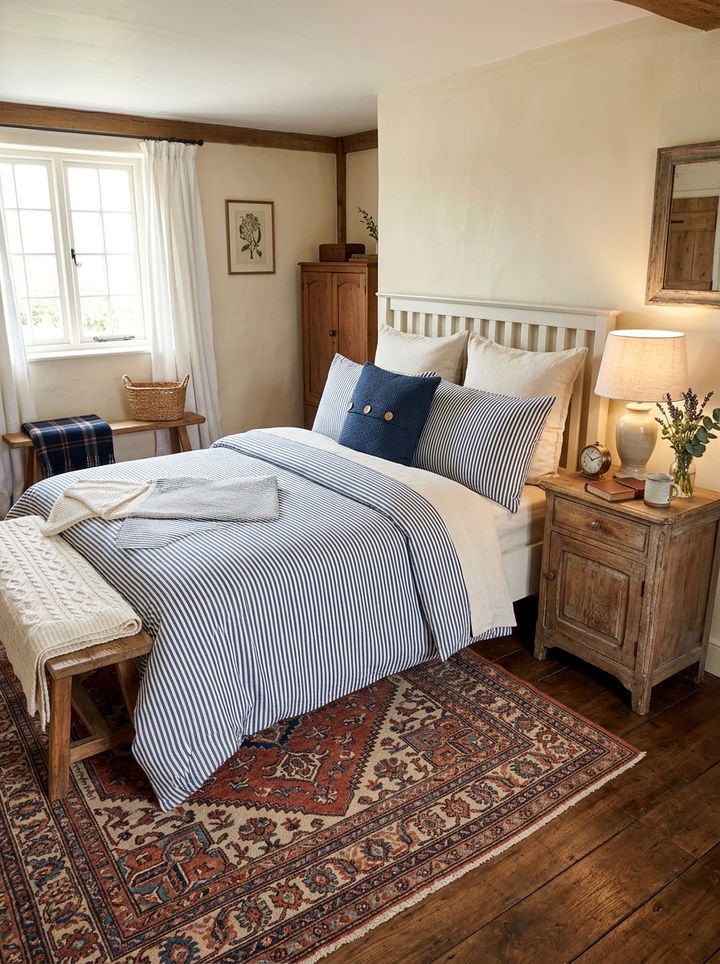 Ticking stripe bedding - 30 rustic white bedroom ideas