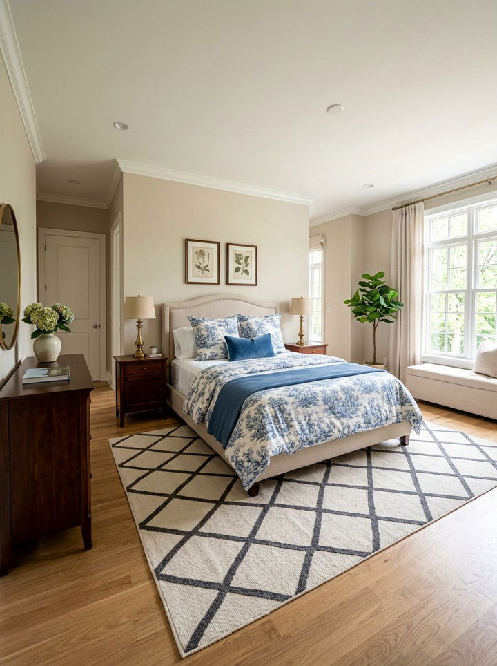 Toile Bedding Geometric Rug - 30 bedroom pattern mixing ideas