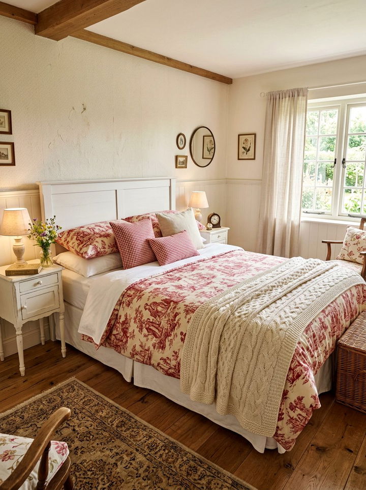 Toile Bedding Gingham Pillows - 30 bedroom pattern mixing ideas