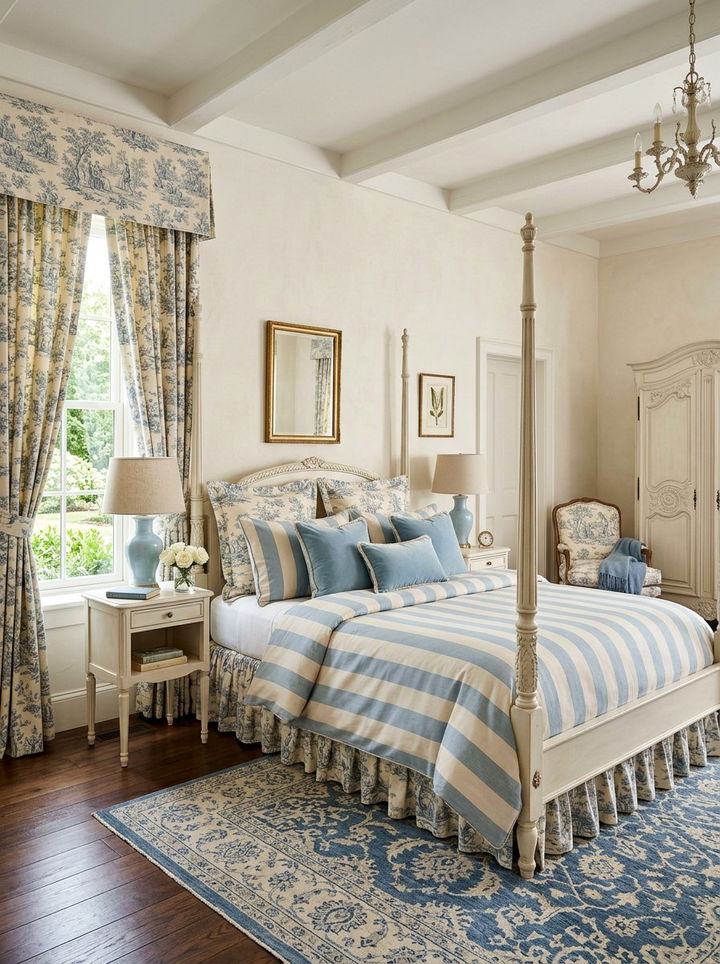 Toile Curtains Striped Bedding - 30 bedroom pattern mixing ideas