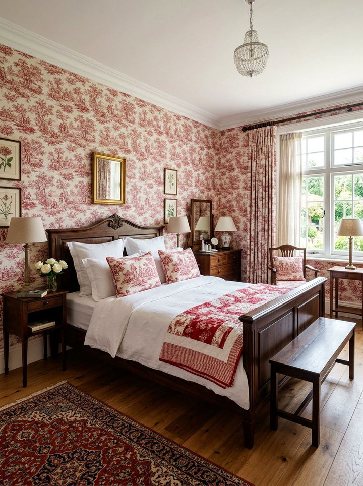 Toile Pattern Cottage Bedroom - 30 cottage bedroom ideas