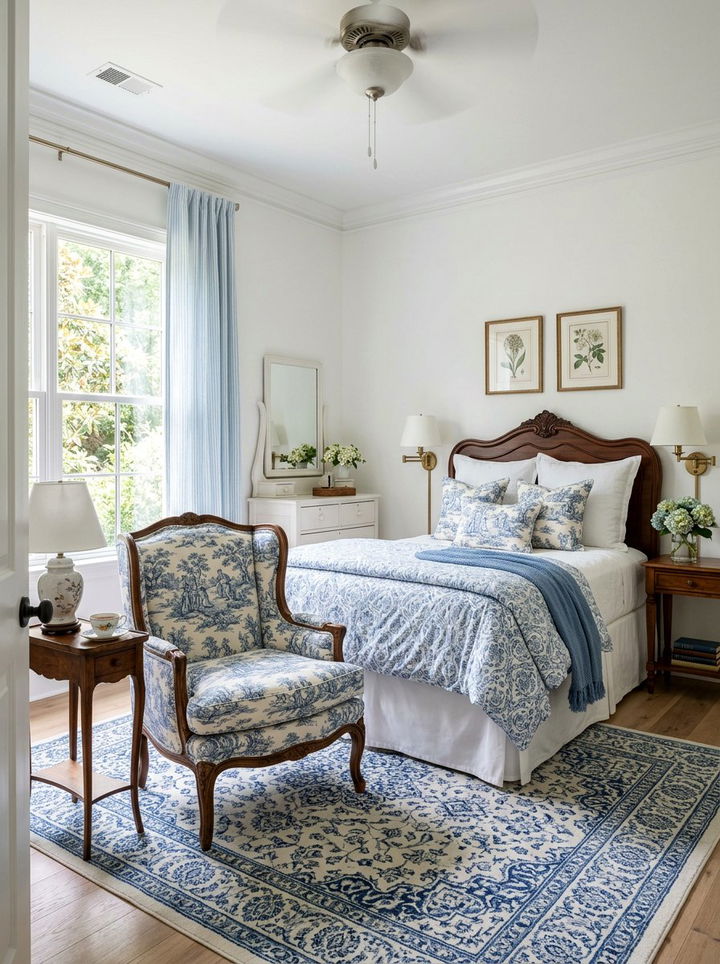Toile de jouy upholstery - 30 grandmillennial bedroom ideas