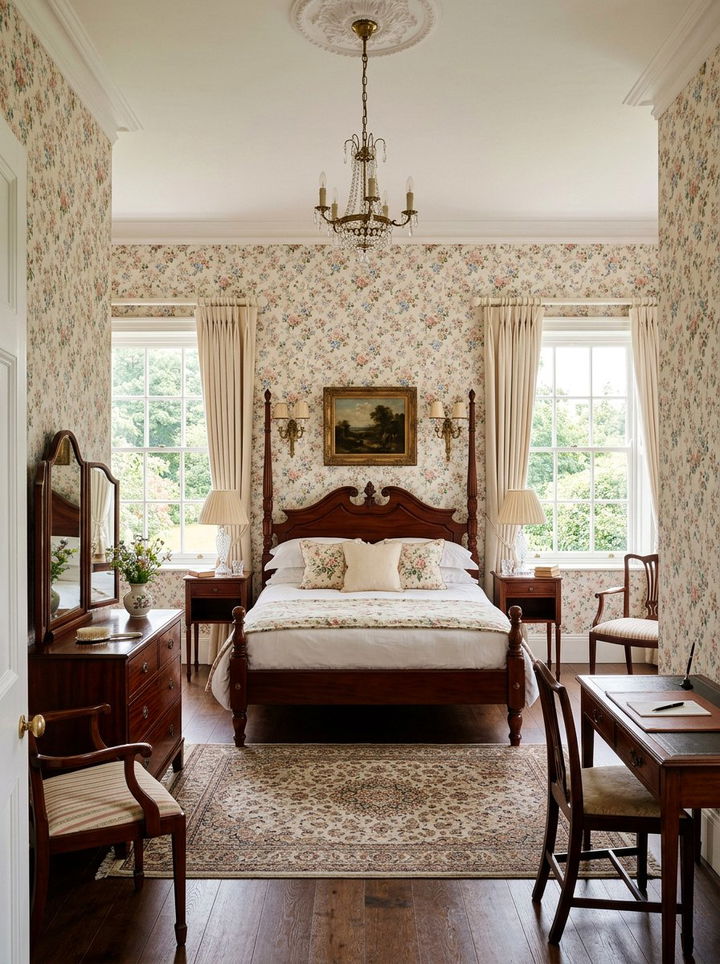 Traditional bedroom with floral wallpaper - 30 L-shaped bedroom ideas