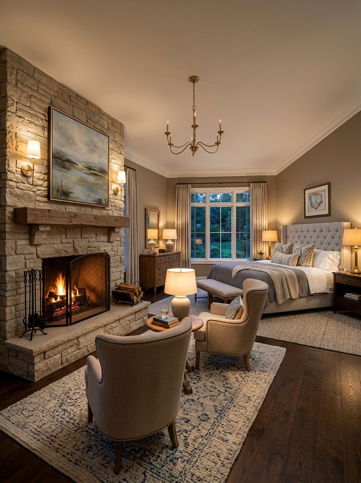 Transitional bedroom with fireplace - 30 L-shaped bedroom ideas