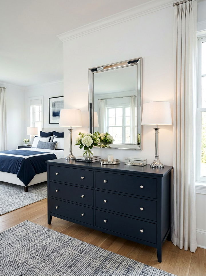 Transitional navy dresser with silver mirror - 30 bedroom dresser with mirror ideas