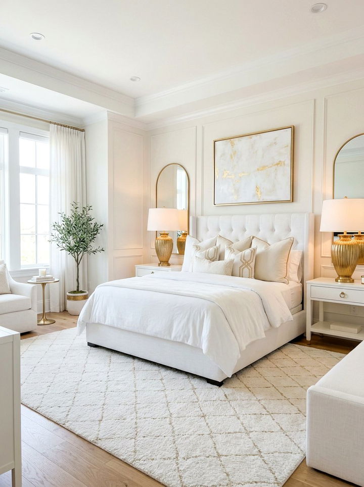 Transitional white bedroom with gold lamps - 30 gold and white bedroom ideas
