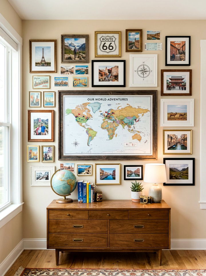 Travel Themed Gallery Wall With Map - 30 world map bedroom ideas