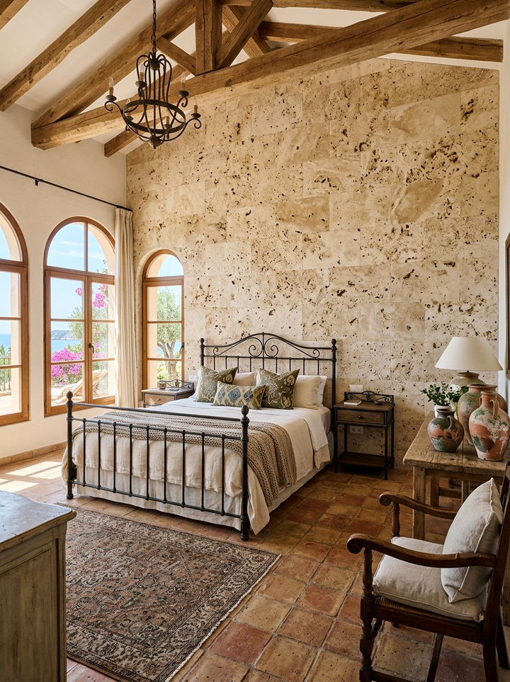 Travertine Accent Wall - 30 bedroom stone wall ideas